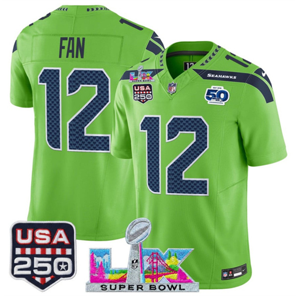 Youth Seattle Seahawks #12 Fan Green 2025 F.U.S.E. Super Bowl LX Patch And 50th Season & USA 250' Patch Vapor Limited Stitched Football Jersey Youth Seattle Seahawks #12 Fan Green 2025 F.U.S.E. Super Bowl LX Patch And 50th Season & USA 250' Patch Vapor Limited Stitched Football Jersey