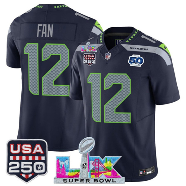 Youth Seattle Seahawks #12 Fan Navy 2025 F.U.S.E. Super Bowl LX Patch And 50th Season Patch Vapor Limited Stitched Football Jersey Youth Seattle Seahawks #12 Fan Navy 2025 F.U.S.E. Super Bowl LX Patch And 50th Season Patch Vapor Limited Stitched Football Jersey