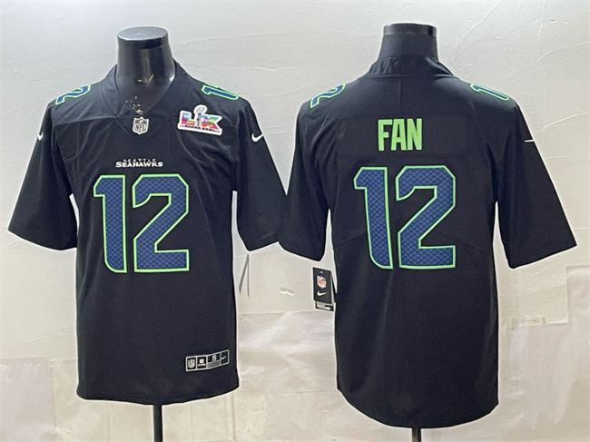 Men's Seattle Seahawks #12 Fan Black 2025 Super Bowl LX Patch Carbon Fashion Vapor Untouchable Limited Stitched Football Jersey Men's Seattle Seahawks #12 Fan Black 2025 Super Bowl LX Patch Carbon Fashion Vapor Untouchable Limited Stitched Football Jersey