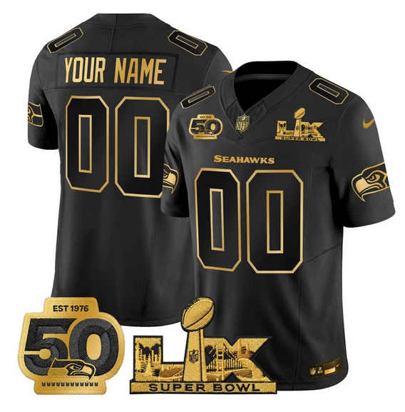 Men's Seattle Seahawks Active Player Custom Black Gold 2025 F.U.S.E. Super Bowl LX Patch And 50th Season Patch Vapor Limited Stitched Football Jersey Men's Seattle Seahawks Active Player Custom Black Gold 2025 F.U.S.E. Super Bowl LX Patch And 50th Season Patch Vapor Limited Stitched Football Jersey