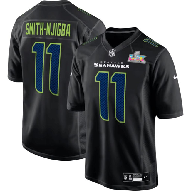Men's Seattle Seahawks #11 Jaxon Smith-Njigba Black 2025 Super Bowl LX Patch Carbon Fashion Stitched Game Jersey Men's Seattle Seahawks #11 Jaxon Smith-Njigba Black 2025 Super Bowl LX Patch Carbon Fashion Stitched Game Jersey