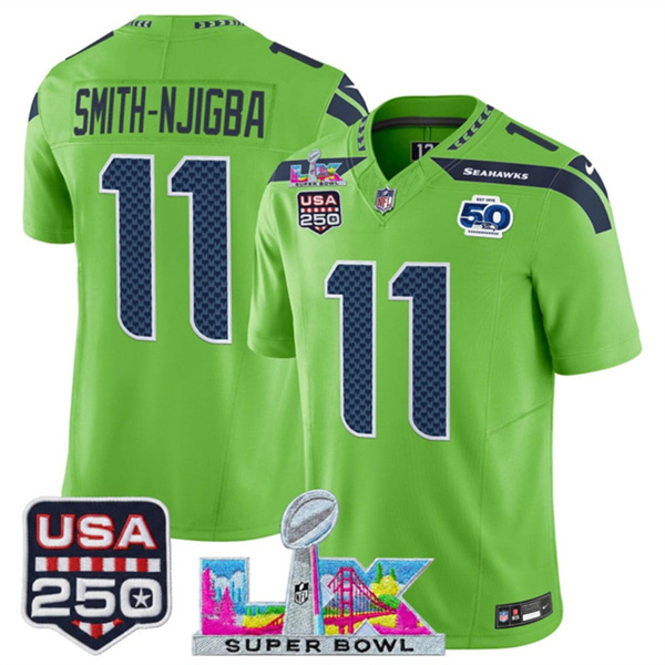 Men's Seattle Seahawks #11 Jaxon Smith-Njigba Green 2025 F.U.S.E. Super Bowl LX Patch And 50th Season & USA 250' Patch Vapor Limited Football Stitched Jersey Men's Seattle Seahawks #11 Jaxon Smith-Njigba Green 2025 F.U.S.E. Super Bowl LX Patch And 50th Season & USA 250' Patch Vapor Limited Football Stitched Jersey