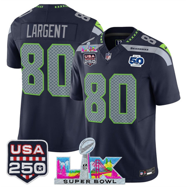 Men's Seattle Seahawks #80 Steve Largent Navy 2025 F.U.S.E. Super Bowl LX Patch And 50th Season & USA 250' Patch Vapor Limited Football Stitched Jersey Men's Seattle Seahawks #80 Steve Largent Navy 2025 F.U.S.E. Super Bowl LX Patch And 50th Season & USA 250' Patch Vapor Limited Football Stitched Jersey