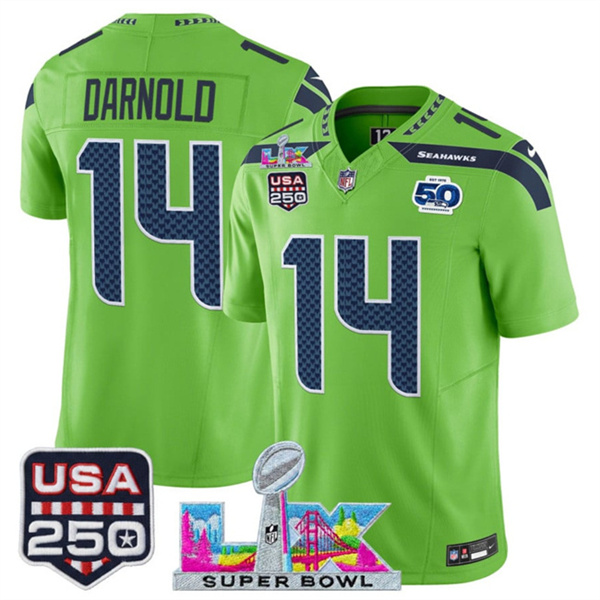 Men's Seattle Seahawks #14 Sam Darnold Green 2025 F.U.S.E. Super Bowl LX Patch And 50th Season & USA 250' Patch Vapor Limited Football Stitched Jersey
