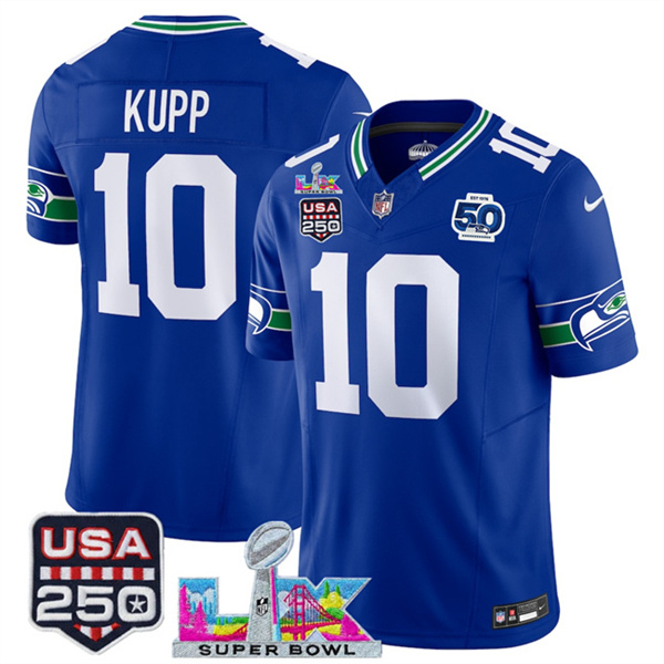 Men's Seattle Seahawks #10 Cooper Kupp Royal 2025 F.U.S.E. Super Bowl LX Patch And 50th Season Patch Vapor Throwback Limited Stitched Football Jersey