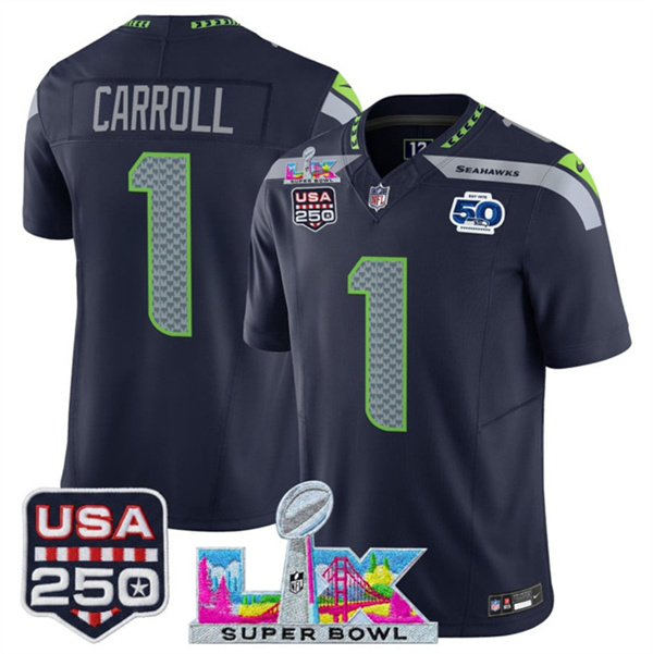 Men's Seattle Seahawks #1 Pete Carroll Navy 2025 F.U.S.E. Super Bowl LX Patch And 50th Season & USA 250' Patch Vapor Limited Football Stitched Jersey Men's Seattle Seahawks #1 Pete Carroll Navy 2025 F.U.S.E. Super Bowl LX Patch And 50th Season & USA 250' Patch Vapor Limited Football Stitched Jersey