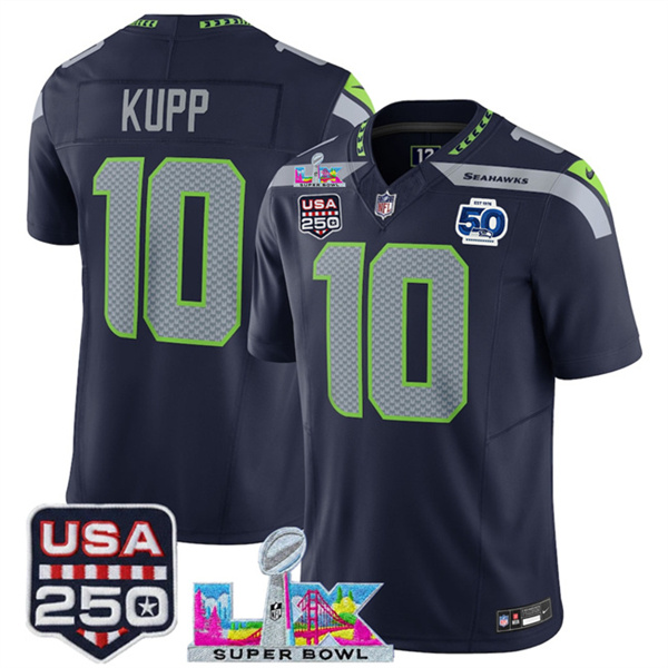 Men's Seattle Seahawks #10 Cooper Kupp Navy 2025 F.U.S.E. Super Bowl LX Patch And 50th Season Patch Vapor Limited Stitched Football Jersey Men's Seattle Seahawks #10 Cooper Kupp Navy 2025 F.U.S.E. Super Bowl LX Patch And 50th Season Patch Vapor Limited Stitched Football Jersey