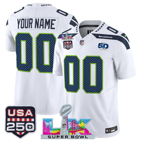 Men's Seattle Seahawks Active Player Custom White 2025 F.U.S.E. Super Bowl LX & US 250th anniversary Patch And 50th Season Patch Vapor Limited Football Stitched Jersey Men's Seattle Seahawks Active Player Custom White 2025 F.U.S.E. Super Bowl LX & US 250th anniversary Patch And 50th Season Patch Vapor Limited Football Stitched Jersey