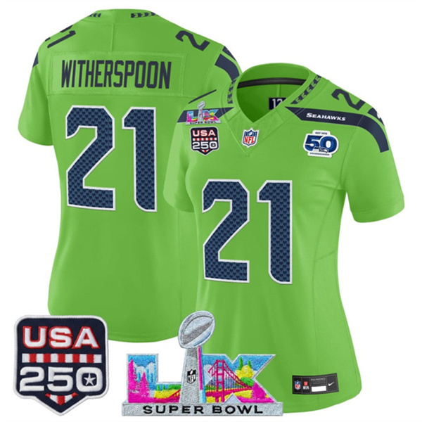 Women's Seattle Seahawks #21 Devon Witherspoon Green 2025 F.U.S.E. Super Bowl LX Patch And 50th Season & USA 250' Patch Vapor Limited Football Stitched Jersey(Run Small) Women's Seattle Seahawks #21 Devon Witherspoon Green 2025 F.U.S.E. Super Bowl LX Patch And 50th Season & USA 250' Patch Vapor Limited Football Stitched Jersey(Run Small)