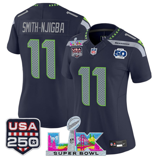 Women's Seattle Seahawks #11 Jaxon Smith-Njigba Navy 2025 F.U.S.E. Super Bowl LX Patch And 50th Season & USA 250' Patch Vapor Limited Football Stitched Jersey(Run Small) Women's Seattle Seahawks #11 Jaxon Smith-Njigba Navy 2025 F.U.S.E. Super Bowl LX Patch And 50th Season & USA 250' Patch Vapor Limited Football Stitched Jersey(Run Small)
