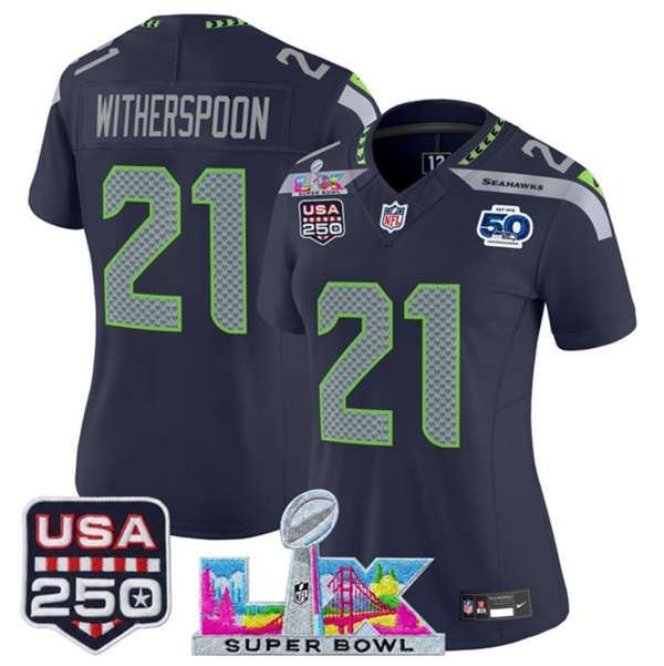 Women's Seattle Seahawks #21 Devon Witherspoon Navy 2025 F.U.S.E. Super Bowl LX Patch And 50th Season & USA 250' Patch Vapor Limited Football Stitched Jersey(Run Small) Women's Seattle Seahawks #21 Devon Witherspoon Navy 2025 F.U.S.E. Super Bowl LX Patch And 50th Season & USA 250' Patch Vapor Limited Football Stitched Jersey(Run Small)