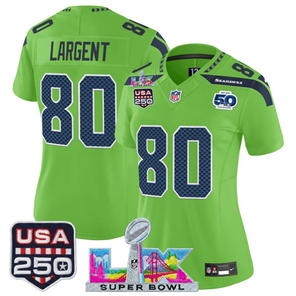 Women's Seattle Seahawks #80 Steve Largent Green 2025 F.U.S.E. Super Bowl LX Patch And 50th Season & USA 250' Patch Vapor Limited Football Stitched Jersey(Run Small) Women's Seattle Seahawks #80 Steve Largent Green 2025 F.U.S.E. Super Bowl LX Patch And 50th Season & USA 250' Patch Vapor Limited Football Stitched Jersey(Run Small)