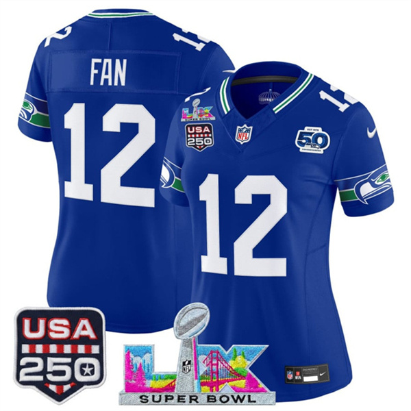 Women's Seattle Seahawks #12 Fan Royal 2025 F.U.S.E. Super Bowl LX Patch And 50th Season & USA 250' Patch Vapor Throwback Limited Stitched Football Jersey(Run Small) Women's Seattle Seahawks #12 Fan Royal 2025 F.U.S.E. Super Bowl LX Patch And 50th Season & USA 250' Patch Vapor Throwback Limited Stitched Football Jersey(Run Small)