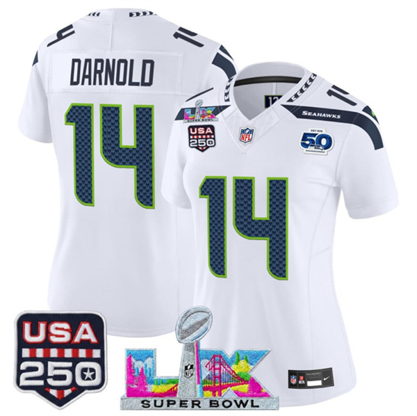 Women's Seattle Seahawks #14 Sam Darnold White 2025 F.U.S.E. Super Bowl LX Patch And 50th Season & USA 250' Patch Vapor Limited Football Stitched Jersey(Run Small) Women's Seattle Seahawks #14 Sam Darnold White 2025 F.U.S.E. Super Bowl LX Patch And 50th Season & USA 250' Patch Vapor Limited Football Stitched Jersey(Run Small)