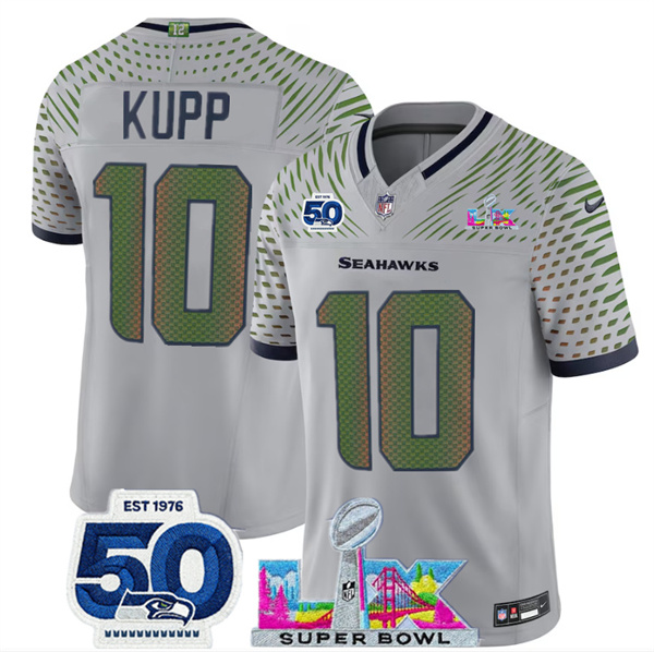 Women's Seattle Seahawks #10 Cooper Kupp Grey 2025 F.U.S.E. Super Bowl LX Patch And 50th Season Patch “Rivalries” Vapor Limited Stitched Football Jersey(Run Small)