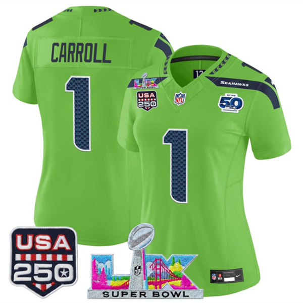 Women's Seattle Seahawks #1 Pete Carroll Green 2025 F.U.S.E. Super Bowl LX Patch And 50th Season & USA 250' Patch Vapor Limited Football Stitched Jersey(Run Small) Women's Seattle Seahawks #1 Pete Carroll Green 2025 F.U.S.E. Super Bowl LX Patch And 50th Season & USA 250' Patch Vapor Limited Football Stitched Jersey(Run Small)
