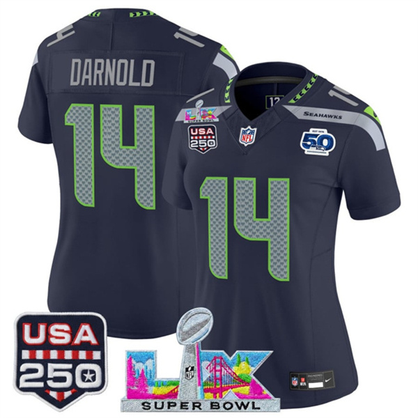 Women's Seattle Seahawks #14 Sam Darnold Navy 2025 F.U.S.E. Super Bowl LX Patch And 50th Season & USA 250' Patch Vapor Limited Football Stitched Jersey(Run Small) Women's Seattle Seahawks #14 Sam Darnold Navy 2025 F.U.S.E. Super Bowl LX Patch And 50th Season & USA 250' Patch Vapor Limited Football Stitched Jersey(Run Small)