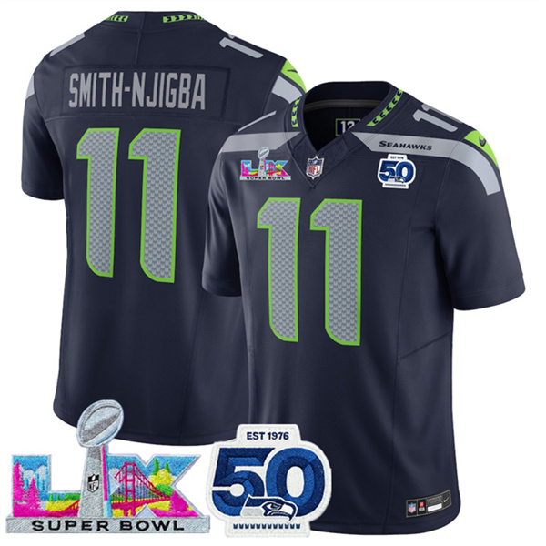 Women's Seattle Seahawks #11 Jaxon Smith-Njigba Navy 2025 F.U.S.E. Super Bowl LX Patch And 50th Season Patch Vapor Limited Stitched Football Jersey(Run Small) Women's Seattle Seahawks #11 Jaxon Smith-Njigba Navy 2025 F.U.S.E. Super Bowl LX Patch And 50th Season Patch Vapor Limited Stitched Football Jersey(Run Small)