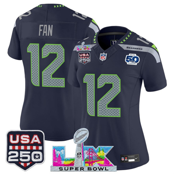 Women's Seattle Seahawks #12 Fan Navy 2025 F.U.S.E. Super Bowl LX Patch And 50th Season & USA 250' Patch Vapor Limited Football Stitched Jersey(Run Small) Women's Seattle Seahawks #12 Fan Navy 2025 F.U.S.E. Super Bowl LX Patch And 50th Season & USA 250' Patch Vapor Limited Football Stitched Jersey(Run Small)