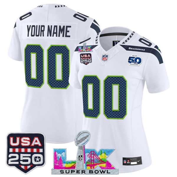 Women's Seattle Seahawks Active Player Custom White 2025 F.U.S.E. Super Bowl LX Patch And 50th Season & USA 250' Patch Vapor Limited Football Stitched Jersey(Run Small) Women's Seattle Seahawks Active Player Custom White 2025 F.U.S.E. Super Bowl LX Patch And 50th Season & USA 250' Patch Vapor Limited Football Stitched Jersey(Run Small)