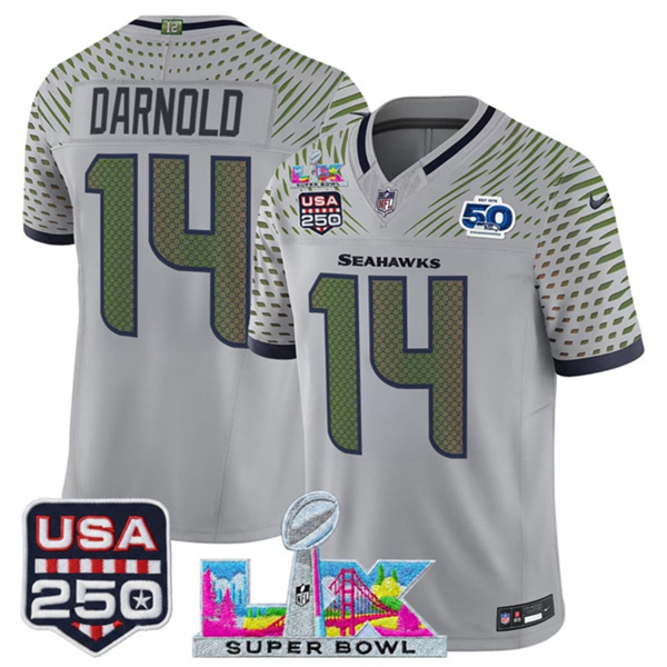Men's Seattle Seahawks #14 Sam Darnold Gray 2025 F.U.S.E. Super Bowl LX & US 250th anniversary Patch And 50th Season Patch “Rivalries” Vapor Limited Football Stitched Jersey Men's Seattle Seahawks #14 Sam Darnold Gray 2025 F.U.S.E. Super Bowl LX & US 250th anniversary Patch And 50th Season Patch “Rivalries” Vapor Limited Football Stitched Jersey
