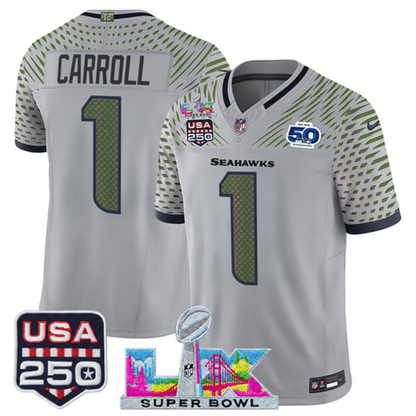 Men's Seattle Seahawks #1 Pete Carroll Gray 2025 F.U.S.E. Super Bowl LX & US 250th anniversary Patch And 50th Season Patch “Rivalries” Vapor Limited Football Stitched Jersey Men's Seattle Seahawks #1 Pete Carroll Gray 2025 F.U.S.E. Super Bowl LX & US 250th anniversary Patch And 50th Season Patch “Rivalries” Vapor Limited Football Stitched Jersey