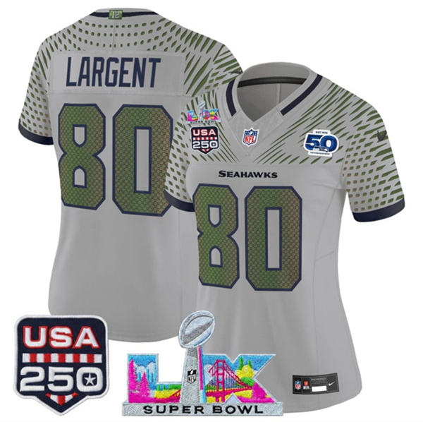 Women's Seattle Seahawks #80 Steve Largent Gray 2025 F.U.S.E. Super Bowl LX & US 250th anniversary Patch And 50th Season Patch “Rivalries” Vapor Limited Football Stitched Jersey(Run Small) Women's Seattle Seahawks #80 Steve Largent Gray 2025 F.U.S.E. Super Bowl LX & US 250th anniversary Patch And 50th Season Patch “Rivalries” Vapor Limited Football Stitched Jersey(Run Small)