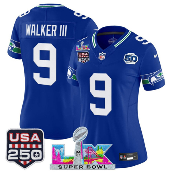 Women's Seattle Seahawks #9 Kenneth Walker III Royal 2025 F.U.S.E. Super Bowl LX Patch And 50th Season & USA 250' Patch Vapor Throwback Limited Stitched Football Jersey(Run Small) Women's Seattle Seahawks #9 Kenneth Walker III Royal 2025 F.U.S.E. Super Bowl LX Patch And 50th Season & USA 250' Patch Vapor Throwback Limited Stitched Football Jersey(Run Small)