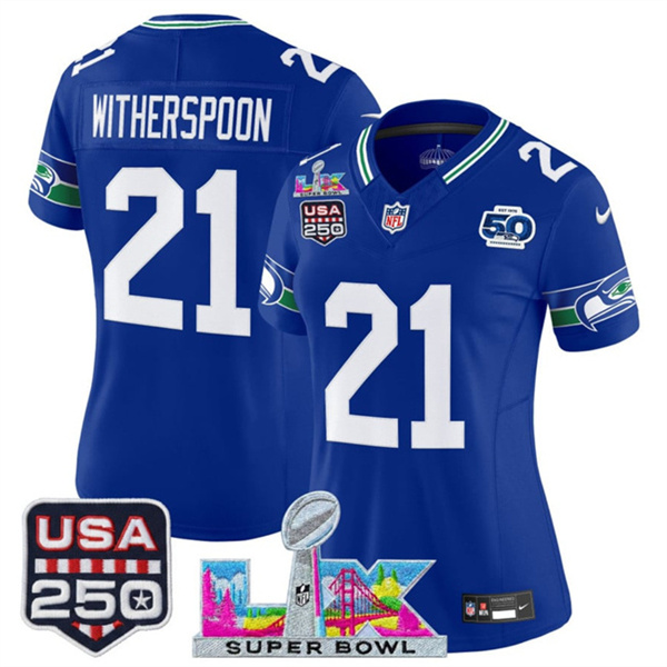 Women's Seattle Seahawks #21 Devon Witherspoon Royal 2025 F.U.S.E. Super Bowl LX Patch And 50th Season & USA 250' Patch Vapor Throwback Limited Stitched Football Jersey(Run Small) Women's Seattle Seahawks #21 Devon Witherspoon Royal 2025 F.U.S.E. Super Bowl LX Patch And 50th Season & USA 250' Patch Vapor Throwback Limited Stitched Football Jersey(Run Small)