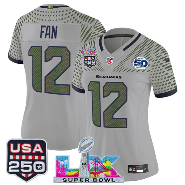 Women's Seattle Seahawks #12 Fan Gray 2025 F.U.S.E. Super Bowl LX & US 250th anniversary Patch And 50th Season Patch “Rivalries” Vapor Limited Football Stitched Jersey(Run Small) Women's Seattle Seahawks #12 Fan Gray 2025 F.U.S.E. Super Bowl LX & US 250th anniversary Patch And 50th Season Patch “Rivalries” Vapor Limited Football Stitched Jersey(Run Small)