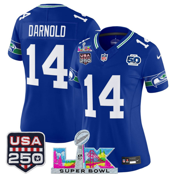 Women's Seattle Seahawks #14 Sam Darnold Royal 2025 F.U.S.E. Super Bowl LX Patch And 50th Season & USA 250' Patch Vapor Throwback Limited Stitched Football Jersey(Run Small) Women's Seattle Seahawks #14 Sam Darnold Royal 2025 F.U.S.E. Super Bowl LX Patch And 50th Season & USA 250' Patch Vapor Throwback Limited Stitched Football Jersey(Run Small)