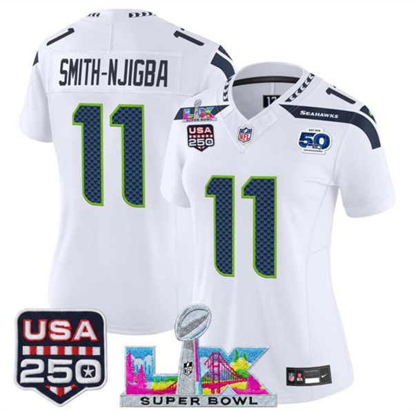 Njigba White 2025 F.U.S.E. Super Bowl LX Patch And 50th Season & USA 250' Patch Vapor Limited Football Stitched Jersey(Run Small) Njigba White 2025 F.U.S.E. Super Bowl LX Patch And 50th Season & USA 250' Patch Vapor Limited Football Stitched Jersey(Run Small)