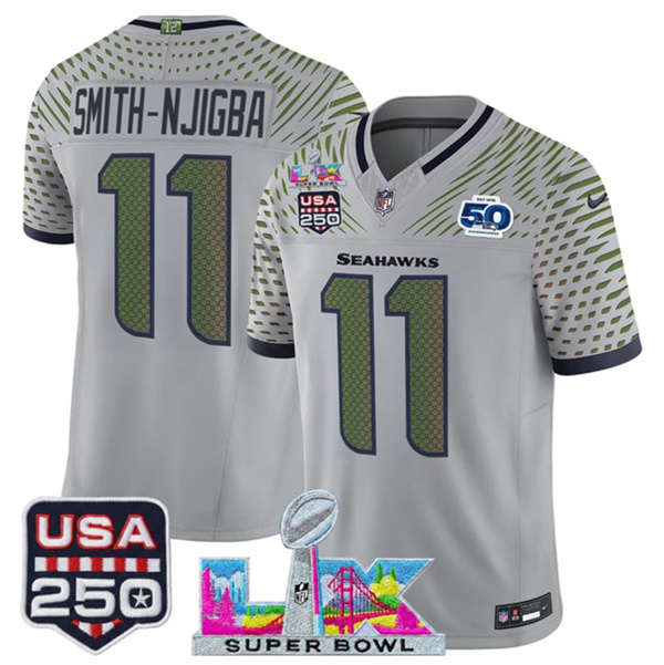Njigba Gray 2025 F.U.S.E. Super Bowl LX & US 250th anniversary Patch And 50th Season Patch “Rivalries” Vapor Limited Stitched Football Jersey