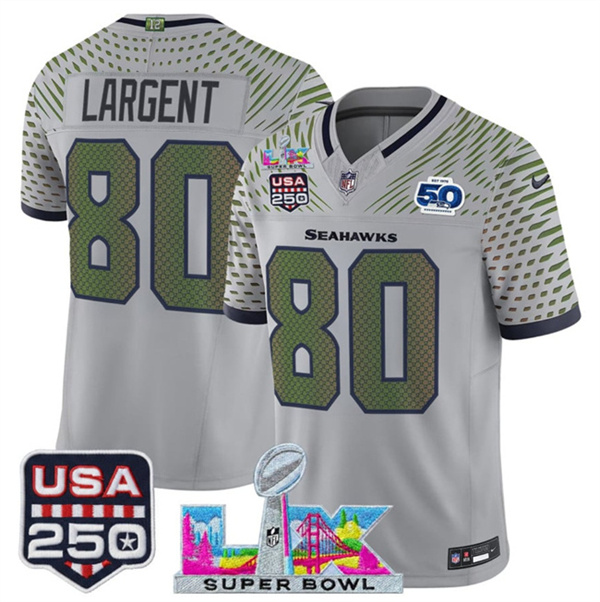 Youth Seattle Seahawks #80 Steve Largent Gray 2025 F.U.S.E. Super Bowl LX & US 250th anniversary Patch And 50th Season Patch “Rivalries” Vapor Limited Stitched Football Jersey