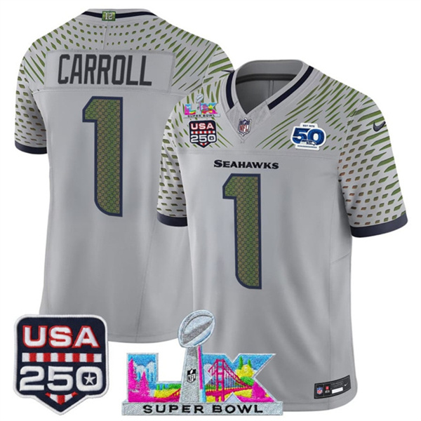 Youth Seattle Seahawks #1 Pete Carroll Gray 2025 F.U.S.E. Super Bowl LX & US 250th anniversary Patch And 50th Season Patch “Rivalries” Vapor Limited Stitched Football Jersey Youth Seattle Seahawks #1 Pete Carroll Gray 2025 F.U.S.E. Super Bowl LX & US 250th anniversary Patch And 50th Season Patch “Rivalries” Vapor Limited Stitched Football Jersey