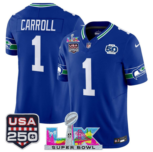 Men's Seattle Seahawks #1 Pete Carroll Royal 2025 F.U.S.E. Super Bowl LX Patch And 50th Season & USA 250' Patch Vapor Throwback Limited Stitched Football Jersey Men's Seattle Seahawks #1 Pete Carroll Royal 2025 F.U.S.E. Super Bowl LX Patch And 50th Season & USA 250' Patch Vapor Throwback Limited Stitched Football Jersey