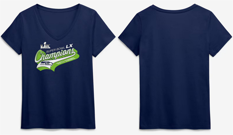 Women's Seattle Seahawks Navy Super Bowl LX Champions Tailsweep V-Neck T-Shirt(Run Small)