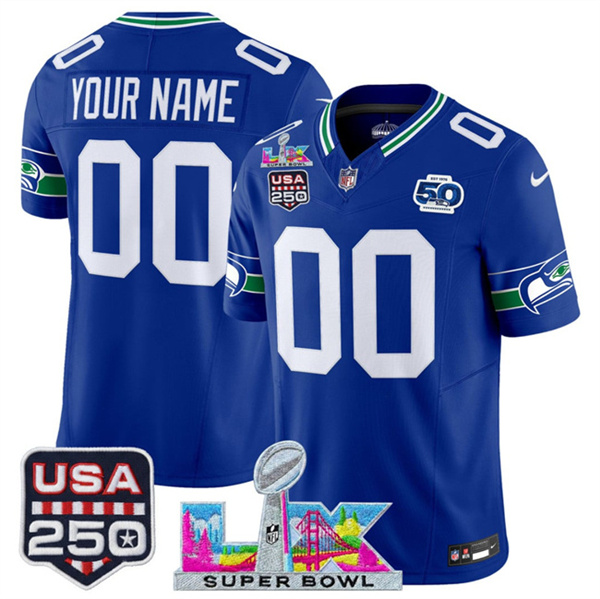 Youth Seattle Seahawks Active Player Custom Royal 2025 F.U.S.E. Super Bowl LX & US 250th anniversary Patch And 50th Season Patch Vapor Throwback Limited Stitched Football Jersey Youth Seattle Seahawks Active Player Custom Royal 2025 F.U.S.E. Super Bowl LX & US 250th anniversary Patch And 50th Season Patch Vapor Throwback Limited Stitched Football Jersey