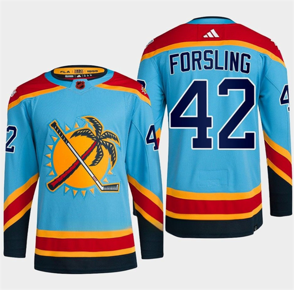 Men's Florida Panthers #42 Gustav Forsling Blue 2022-23 Reverse Retro Stitched Jersey Men's Florida Panthers #42 Gustav Forsling Blue 2022-23 Reverse Retro Stitched Jersey