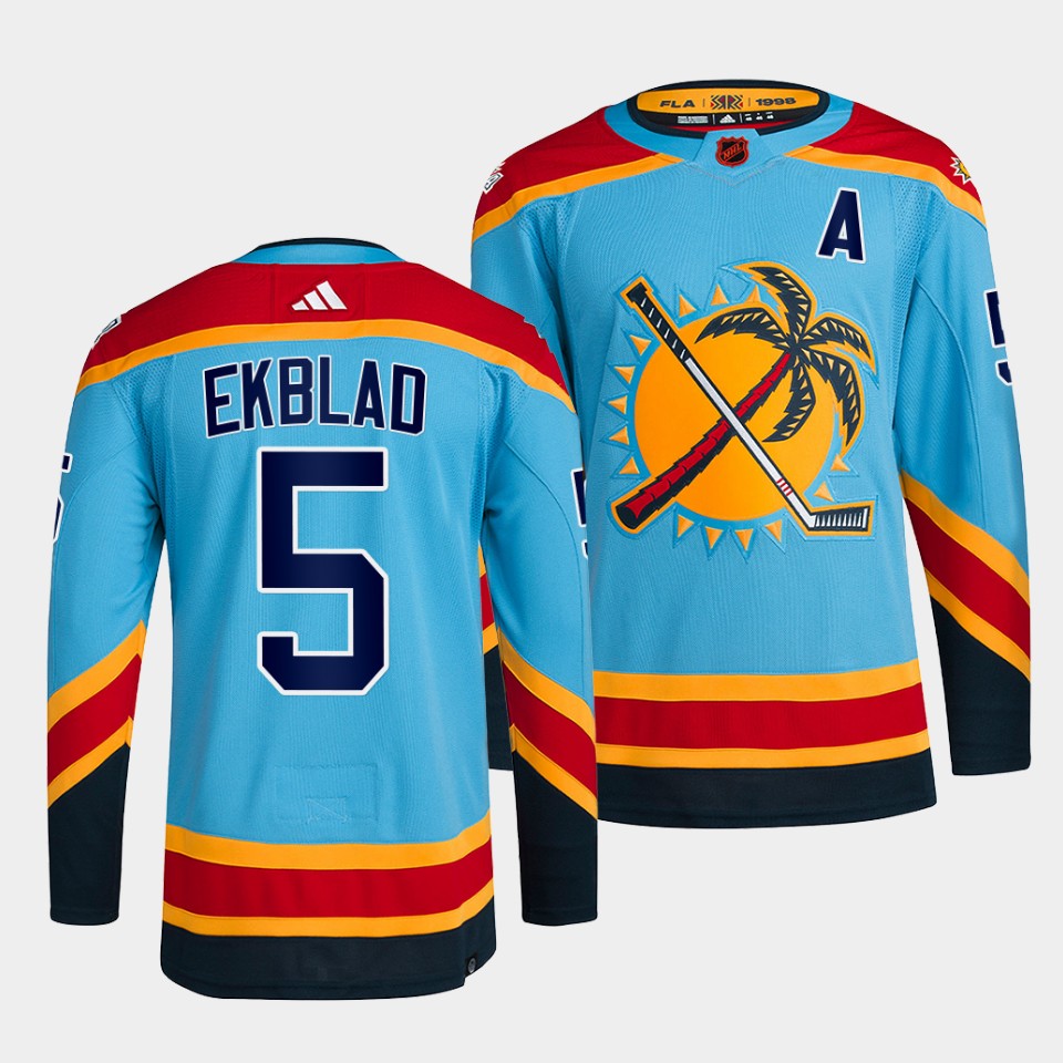 Men's Florida Panthers #5 Aaron Ekblad Blue 2022 Reverse Retro Stitched Jersey Men's Florida Panthers #5 Aaron Ekblad Blue 2022 Reverse Retro Stitched Jersey