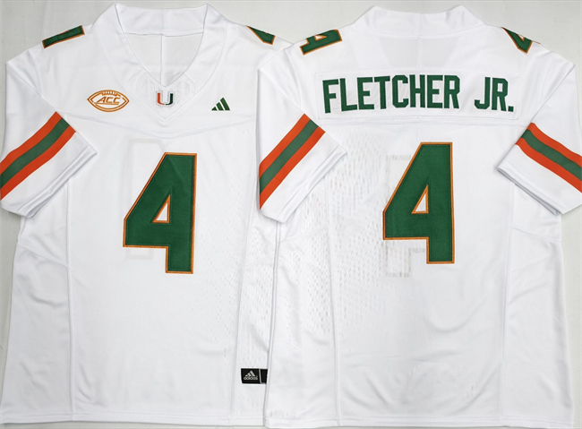 Men's Miami Hurricanes #4 Mark Fletcher Jr. White F.U.S.E. 2026 Stitched Football Jersey Men's Miami Hurricanes #4 Mark Fletcher Jr. White F.U.S.E. 2026 Stitched Football Jersey