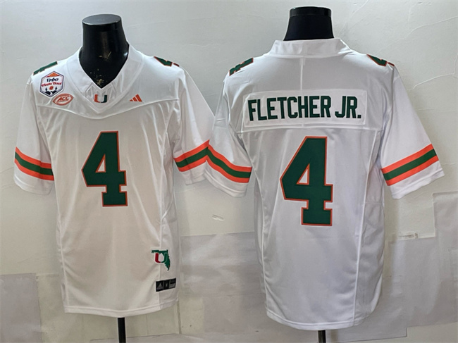 Men's Miami Hurricanes #4 Mark Fletcher Jr. White F.U.S.E. Fiesta Bowl Champions & Florida Patch Stitched Football Jersey Men's Miami Hurricanes #4 Mark Fletcher Jr. White F.U.S.E. Fiesta Bowl Champions & Florida Patch Stitched Football Jersey