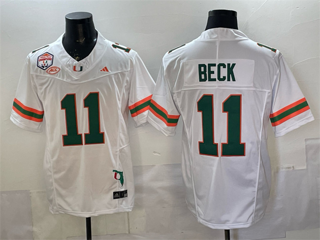 Men's Miami Hurricanes #11 Carson Beck White F.U.S.E. Fiesta Bowl Champions & Florida Patch Stitched Football Jersey Men's Miami Hurricanes #11 Carson Beck White F.U.S.E. Fiesta Bowl Champions & Florida Patch Stitched Football Jersey