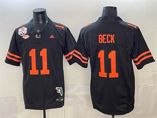 Men's Miami Hurricanes #11 Carson Beck Black F.U.S.E. Fiesta Bowl Champions & Florida Patch Stitched Football Jersey Men's Miami Hurricanes #11 Carson Beck Black F.U.S.E. Fiesta Bowl Champions & Florida Patch Stitched Football Jersey