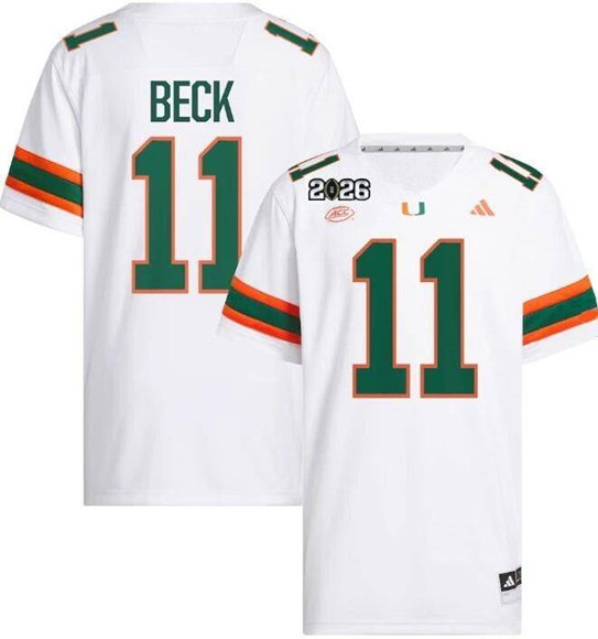 Men's Miami Hurricanes #11 Carson Beck White 2026 Patch Stitched Football Jersey Men's Miami Hurricanes #11 Carson Beck White 2026 Patch Stitched Football Jersey