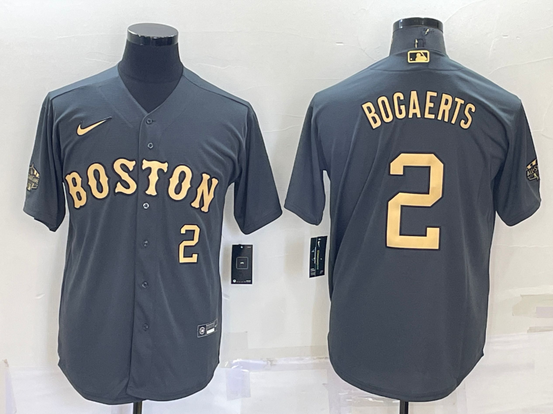 Men's Boston Red Sox #2 Xander Bogaerts 2022 All-Star Charcoal Cool Base Stitched Jersey Men's Boston Red Sox #2 Xander Bogaerts 2022 All-Star Charcoal Cool Base Stitched Jersey