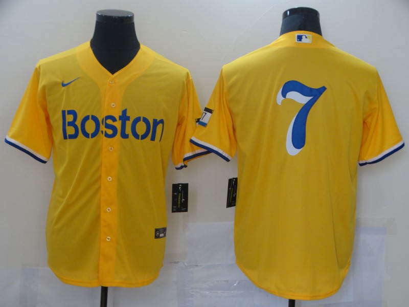 Red Sox 7 Gold Nike 2021 City Connect Replica Player Cool Base Jersey Red Sox 7 Gold Nike 2021 City Connect Replica Player Cool Base Jersey