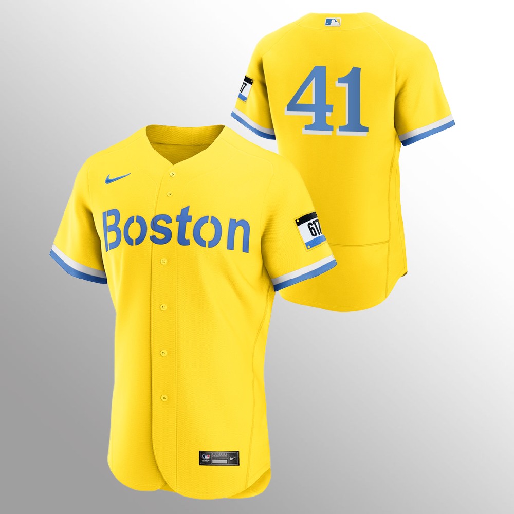 Boston Red Sox #41 Chris Sale Men's Nike 2021 City Connect Gold Authentic MLB Jersey - No Name Boston Red Sox #41 Chris Sale Men's Nike 2021 City Connect Gold Authentic MLB Jersey - No Name