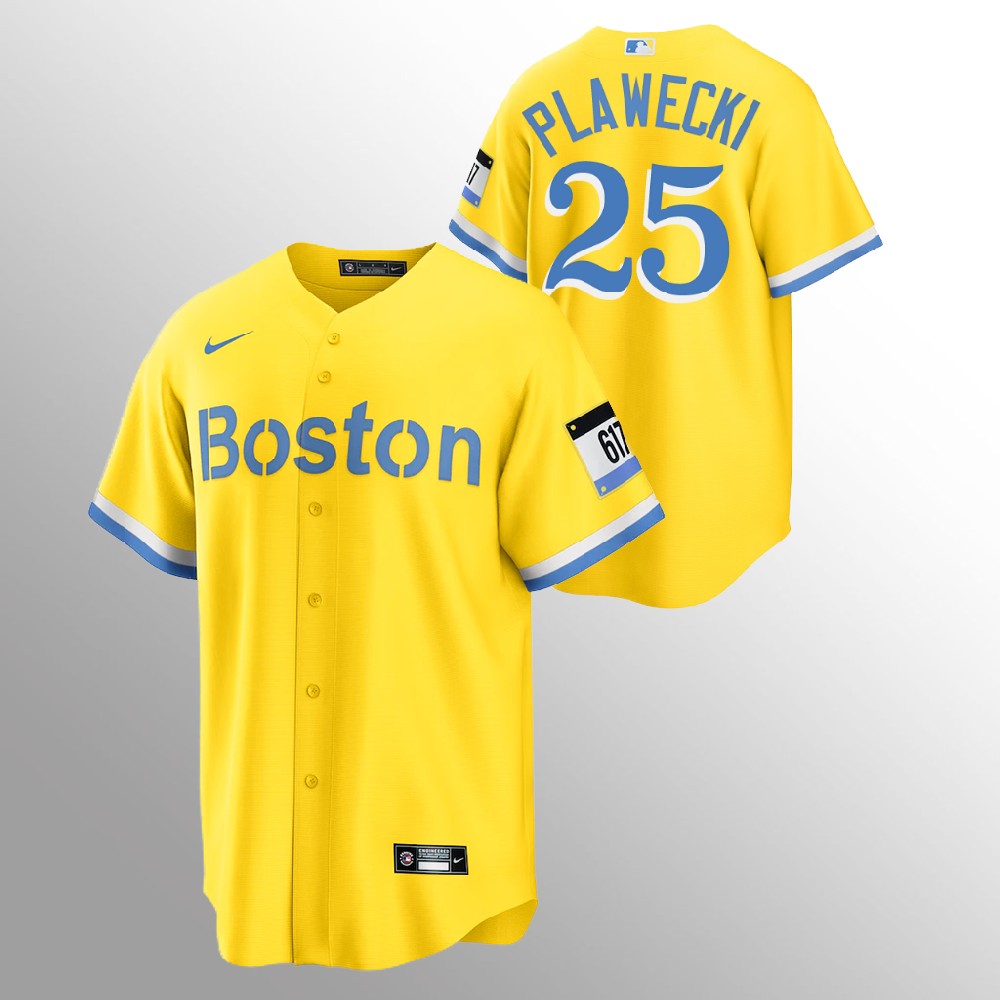 Boston Red Sox #25 Kevin Plawecki Men's Nike 2021 City Connect Gold Fans Version MLB Jersey Boston Red Sox #25 Kevin Plawecki Men's Nike 2021 City Connect Gold Fans Version MLB Jersey