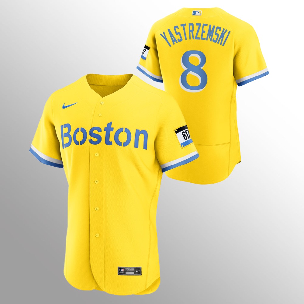 Boston Red Sox #8 Carl Yastrzemski Men's Nike 2021 City Connect Gold Authentic MLB Jersey Boston Red Sox #8 Carl Yastrzemski Men's Nike 2021 City Connect Gold Authentic MLB Jersey